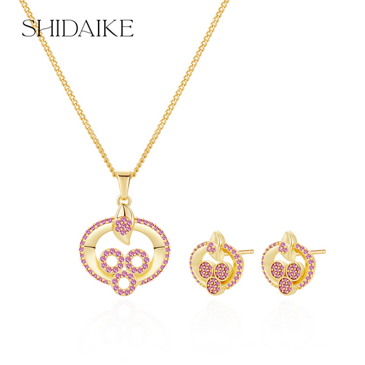 玫红锆椭圆镂空套装（耳钉、项链）